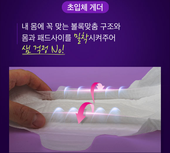 초입체 게더 내 몸에 꼭 맞는 볼록맞춤 구조와 몸과 패드사이를 밀착시켜주어 샘 걱정 No!